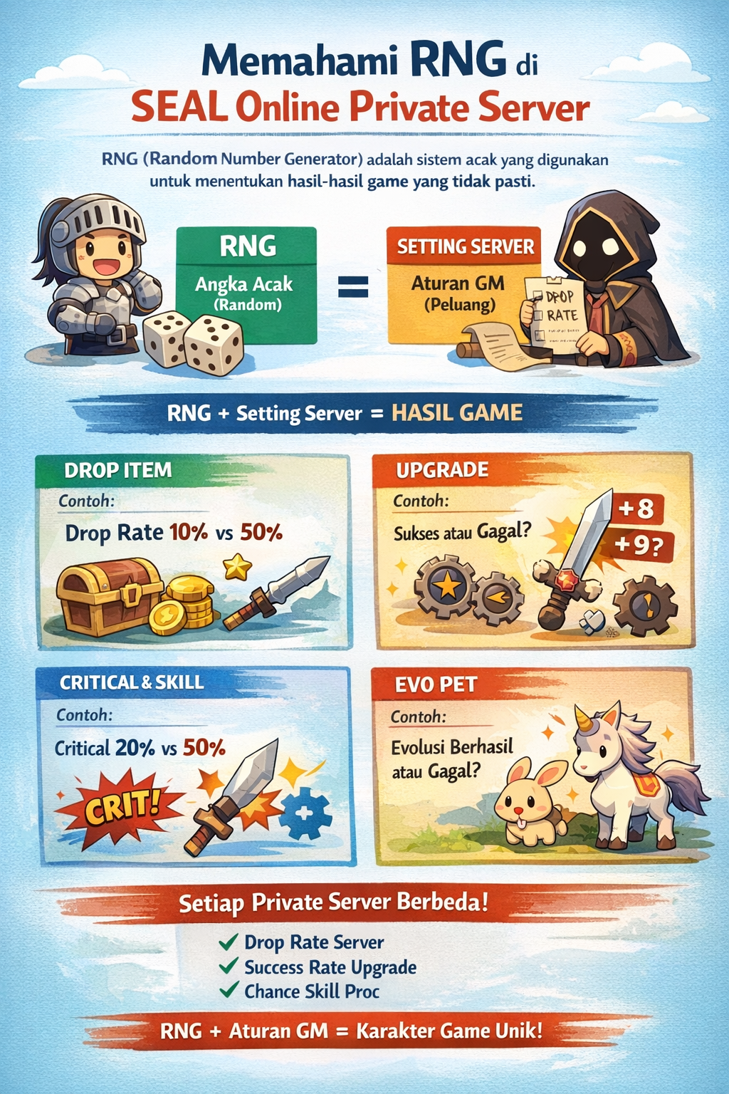 Ilustrasi sistem RNG di SEAL Online Private Server yang memengaruhi drop rate, upgrade, critical hit, dan evolusi pet