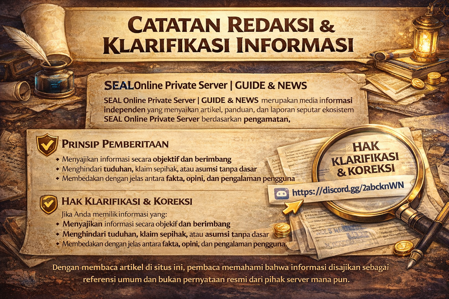 Ilustrasi resmi catatan redaksi SEAL Online Private Server | GUIDE & NEWS yang menegaskan prinsip independensi, objektivitas, dan keterbukaan informasi. Gambar ini merepresentasikan komitmen redaksi dalam menyajikan berita, panduan, dan laporan berbasis fakta, observasi, serta investigasi komunitas, sekaligus membuka ruang klarifikasi dan koreksi melalui kanal Discord resmi.
